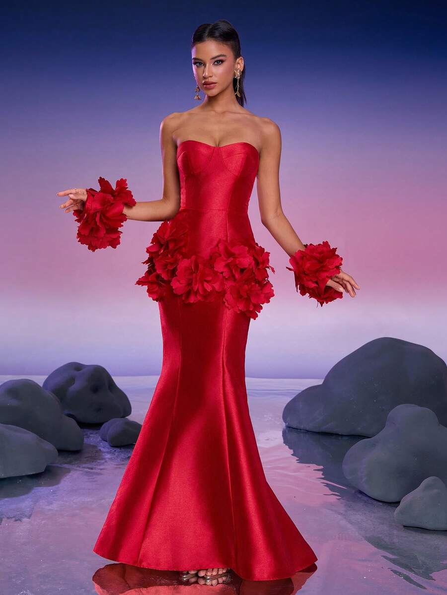 Anymoon Women's Luxury 3D Floral High Waist Mermaid Formal Evening Dress, Suitable For Wedding Guest, Graduation, Prom, Elegant Gown, Luxury Wedding Party Dress, Mother Of The Bride Dress, Ladies Cocktail Party Dress