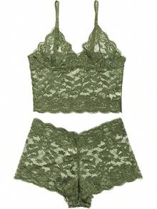 Floral Lace Lingerie Set High Waist Sleepwear Bra And Panty 2 Piece Nightwear 2025 Back-To-School Season Fall Pjs - 橄欖綠 - 查看 4