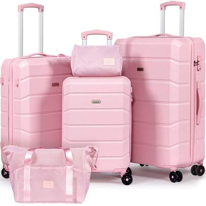 Luggage Sets Of 5 Piece, Lightweight Trolley Travel Suitcase Set ABS Hard Shell With 4 Spinner Wheels TSA Lock For Man Women, 21" + 24" + 28"+ Duffels Bag & Toiletry Bag-Pink