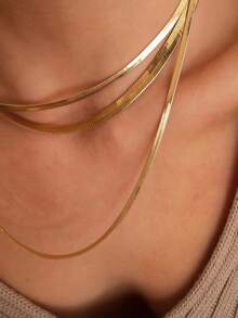 1pc 18K Gold Plated Stainless Steel Flat Snake Chain Necklace For Women, Thick Bohemian Style Gift - Gold - View 6