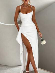 Elegant Sexy Satin Strapless Off Shoulder Frill Trim Waist Party Dress, Bridesmaid Dress, Formal Gown - White - View 8