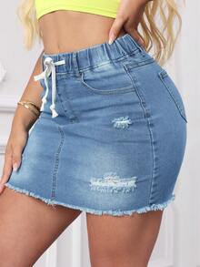 Elastic Waist Skinny Denim Mini Skirt, Simple & Fashionable, Suitable For Summer - Light Wash - View 3