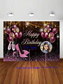 1pc Customized Birthday Backdrops Ladies Birthday Champagne Heeled Balloon Theme Customized Name Girlfriend, Wife, Mother, Sister Best Friend Birthday Decoration Background, Holiday Birthday Party Backdrop For Party Birthday Celebration Anniversary Decoration Indoor Outdoor Universal Durable,SummerHoliday