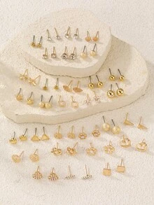 30pcs/Set Fashionable Star, Flower, Heart, Bow Decor Metal Rhinestone Studs Earrings Jewelry Set, Sweet Gift For Best Friends - Multicolor - View 10