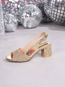 Fashionable Chunky Heel Gold High Heel Sandals, Gold Sequins Patchwork, Gold PU Upper, Round Toe Chunky Heel Simple Design, Comfortable And Lightweight, Suitable For Party, Dating, Wedding, Commuting, Vacation, Summer New Arrival - Gold - View 7