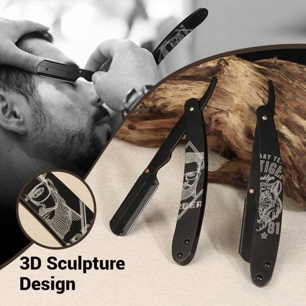 Men's Straight Razor Kit, Including 10PCS Stainless Steels Blades, Razor With Mental Handle With 3D Engraving Design,Black Classic Vintage Look For Barber Razor Manual Shaving For Haircutting, Beard Shaping, And Eyebrow Trimming For Men