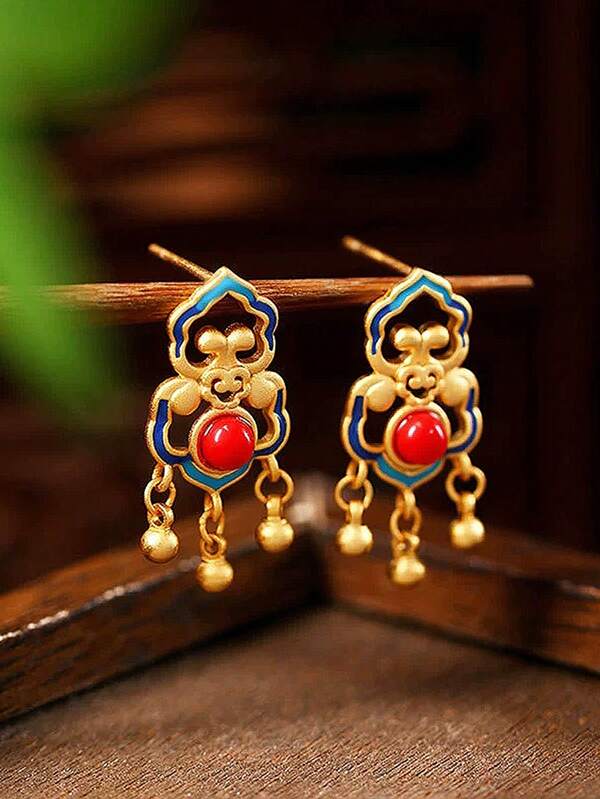 1 Pair Retro Chinese Style Palace Hanfu Cheongsam 925 Silver Needle Gold Color Earrings, Gourd Tassel Enamel Ear Studs, Elegant Fashion Suitable For Daily, Date, Gathering, Commute, Party, Prom, Mother's Day, Teacher's Day, High-End Vintage Bohemian Fashion Jewelry