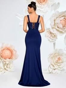 Elisanya Váy buộc lưng xẻ tà cổ chữ V sâu xếp nếp đính sequin thanh lịch, phù hợp cho các sự kiện trang trọng, tiệc tùng và tiệc chiêu đãi - Màu xanh hải quân - Xem 2