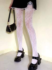1 Stück Vintage französischer Blumen Rose Muster Fischnetz Strumpfhose, spitzenbesetzter weißer sexy schwarzer Fischnetz Strumpf für Frauen