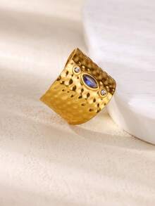 18K镀金不褪色立方氧化锆绿蓝色复古宽版不锈钢戒指，适合女士参加派对、婚礼、度假等场合佩戴，是送给女儿、母亲、闺蜜的绝佳礼物。 - 彩色 - 查看 7