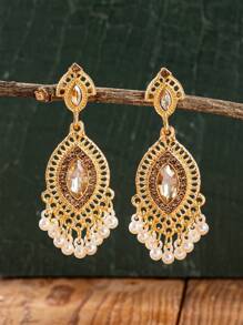 1 par de brincos estilo vintage com strass e pérolas, acessórios festivos para mulheres