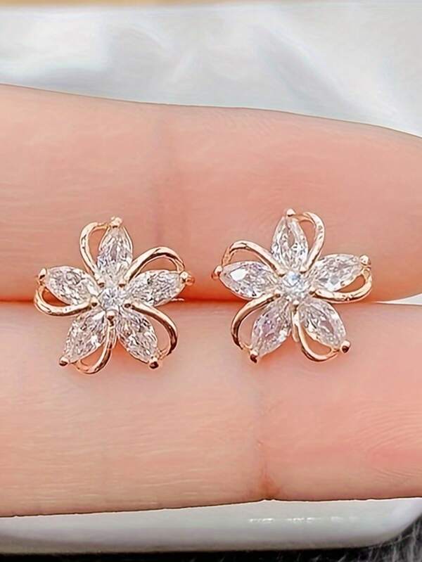 1pair Fashionable Floral Design Square Cubic Zirconia Stud Earrings For Women,