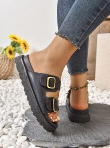 1 par de sandalias bohemias de suela gruesa con hebilla, para playa, resort, exterior, verano, moda, versátil, plataforma tipo chanclas
