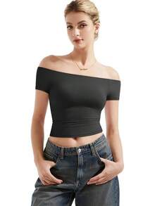 Women Double Lined Off Shoulder Tops Fitted Going Out Basic Shirts - Jet Black - View 1