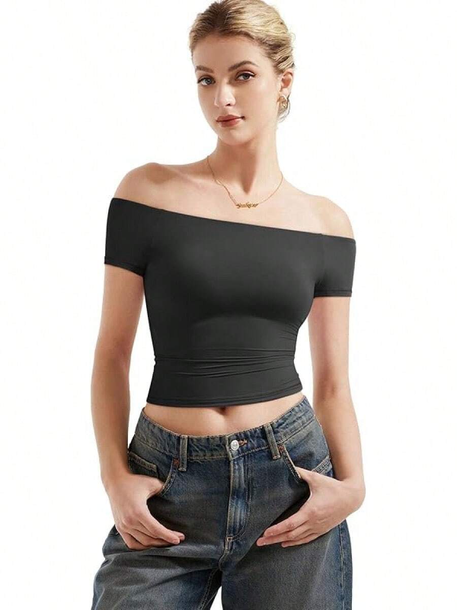 Women Double Lined Off Shoulder Tops Fitted Going Out Basic Shirts - Jet Black - View 1