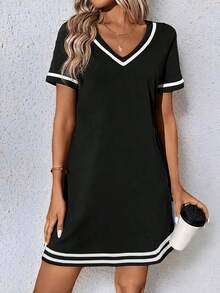 Elegant V-Neck Color Block A-Line Dress For Women - Black - View 5
