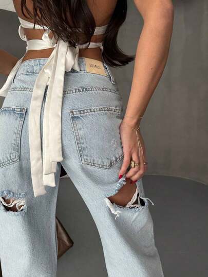 SQUALO Damskie jeansy z wysokim stanem w kolorze niebieskim z podartymi nogawkami