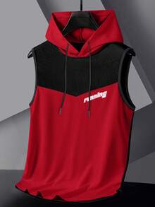 男士无袖连帽拼接运动背心，休闲透气速干网眼弹力跑步上衣 - 紅色 - 查看 1