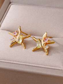 1 Pair Boho Style Starfish Bronze Stud Earrings With Cubic Zirconia, Minimalist And Versatile Dainty Luxury Earrings Suitable For Women, Beach, Party, Gift For Friends And Family