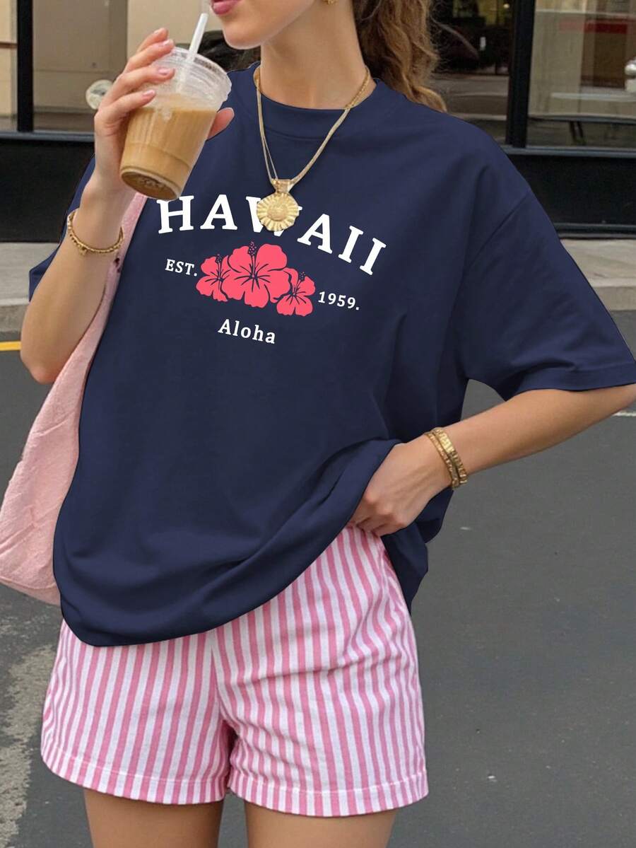 Đầm hè tay ngắn dáng rộng in hoa Hawaii dành cho nữ, trang phục đi học năm 2026, gợi ý trang phục đến trường, đồ dùng cần thiết cho ngày tựu trường, trang phục ngày đầu tiên đi học, trang phục đi học năm 2026, trang phục thường ngày khi đi nghỉ mát. - Màu xanh hải quân - Xem 1