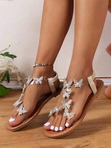 Women's Flat Sandals With Bowknot And Rhinestones, Elegant Pointed/Round Toe High Heel Sandals, Bohemian Style For Formal Events, Parties, Sparkling - Brown Butterfly - View 3