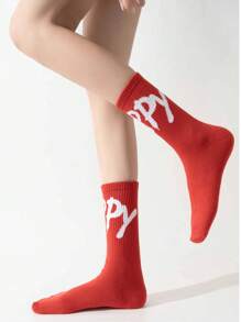 5 Pairs Unisex Mixed Color Graffiti Letter Mid-Calf Socks, Fashionable Casual Sports Socks For Daily Wear