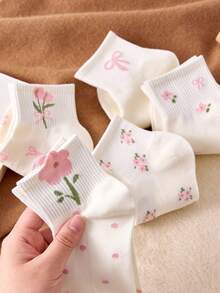 5 Paar Damen süße Schleifen & Blumen Muster Knöchelsocken, modisch & bequem für den täglichen Gebrauch, Sport, Lässig, geeignet für Frühling, Sommer, Herbst - Verschiedenfarbig - Übersicht 3