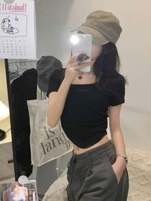 韓式性感女款短版上衣 方領側褶皺圓弧下擺修身純色短袖T恤 - 黑色 - 查看 7