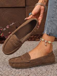 新款女士棕色绒面针织平底鞋，优雅仿绒面平底鞋，四季皆宜的舒适纯色套脚乐福鞋，圆头百搭休闲高端轻便户外/工作鞋，女士工作鞋，套脚鞋 - 棕色 - 查看 6