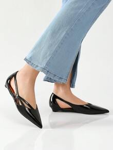 Reitoye New Arrival Y2K Comfortable Black Sandals For Women Summer Pointed Toe Patent PU Ballerina Flats Shoes,  Hollow-Out Flat Heels Summer Shoes,  Mother's Day Gifts, Soft Leather, Soft Soles - 黑色-鏤空 - 查看 5