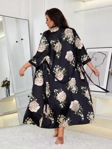 1pc Plus Size Women Floral Print Elegant Loose Belted Robe, Comfortable Fabric Sleepwear Suitable For Overweight/Obese Group, Suitable For Spring, Summer, Autumn, Winter Home/Sleep Use ,Vacation