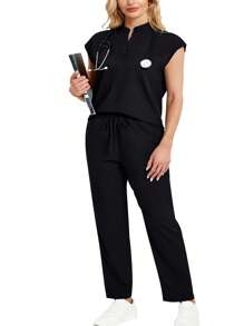 cimmuovere Plus Size Stand Collar Sleeveless Loose Top And Multi-Pocket Pants Uniform Set