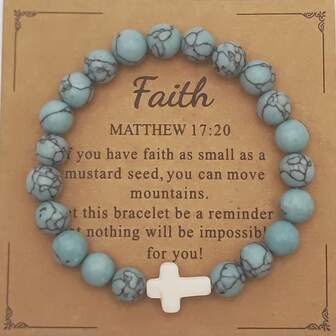 1pc 8MM Natural Stone Cross Healing Bracelet, With Prayer Card - Gift For Christians