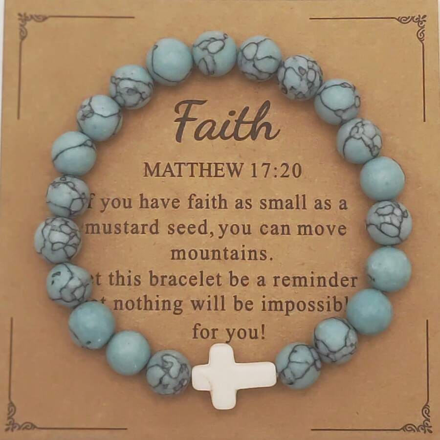 1pc 8MM Natural Stone Cross Healing Bracelet, With Prayer Card - Gift For Christians - Turquoise - View 1