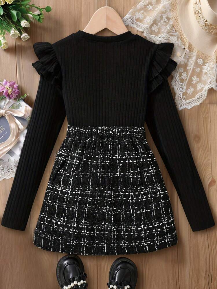 Blusa de cuello redondo con mangas con volantes y falda a cuadros para niña preadolescente - Negro - Añade 2