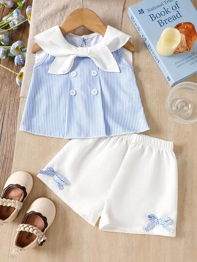 2件套女宝宝可爱水手领无袖条纹背心和短裤套装