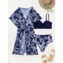 Palm Print 3-Piece Swimwear – Elegant Bikini Set With Matching Wrap Cover. This Swimsuit Has A Fitted Design. Due To Body Shape Differences, You May Feel Slightly Tight When Wearing It, Which Is Normal. If You Have A Fuller Figure Or Prefer A Looser Fit, We Strongly Recommend Choosing 1-2 Sizes Larger. - 藍色 - 查看 2