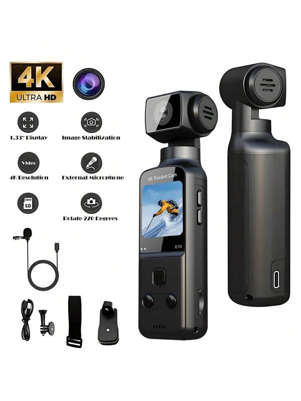 4K USB Rechargeable 270° Rotatable Video Camera, With 1.33" CMOS Sensor, Stabilization, Suitable For Vlogging And Video Shooting