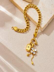 1 Gold-Plated Stainless Steel Diamond Inlaid Transparent Five Petal Flower Pendant, Square Three-Dimensional Star Shaped Accessory Chain, Stainless Steel Necklace Bracelet Set - Flowers - View 7