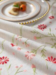 1pc Pink Floral With Green Leaf Embroidered Tablecloth, French Luxury Minimalist Style, Home Kitchen Decor, Suitable For Holiday Gatherings, Birthday Parties, Dining Table Decor, Home Decoration, All Seasons