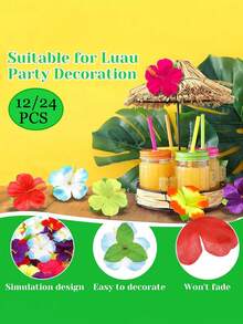 24/12 Pieces Of Artificial Hibiscus Flowers, 4.25 Inches. Tropical Decorative Hawaiian Flowers In Various Colors, Suitable For Hawaiian Theme Activities - Handcrafted, Summer Barbecues, Outings, Family Gathering Decorations, Bright Design, Soft And Comfortable To Wear, Durable Materials, Wedding Decorations, Hawaiian Style - Hibiscus - View 5