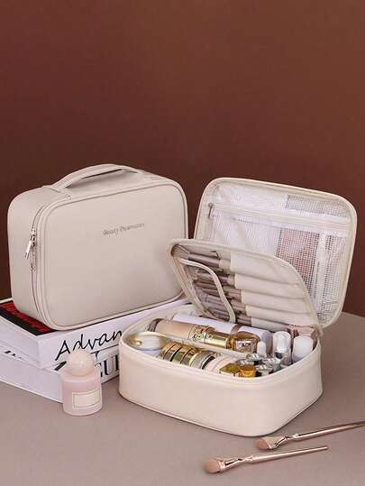 1 件多功能大容量 PU 女士化妆包，可拆卸隔层，化妆工具收纳袋，旅行收纳袋