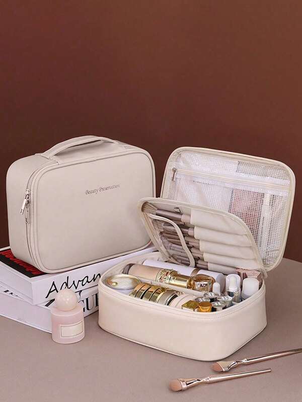 1 pieza Bolsa de cosméticos multifuncional de gran capacidad de PU para mujeres, divisor extraíble, organizador de herramientas de maquillaje, bolsa de almacenamiento para viajes