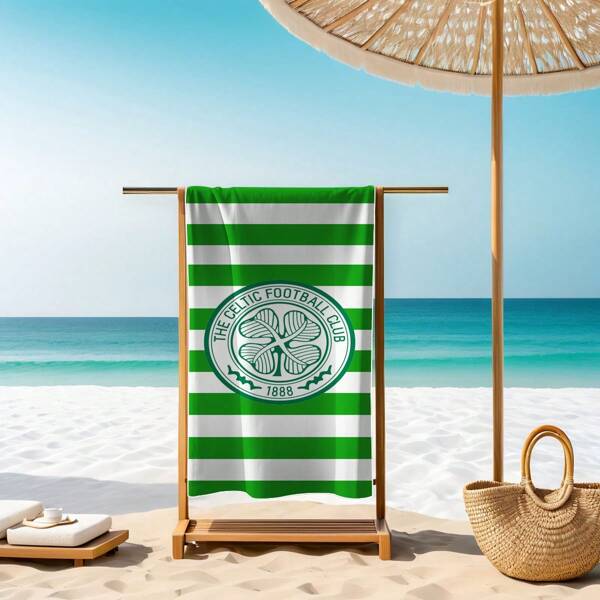 1pc Super Soft & Fine Fiber Beach Towel With Celtic Football Club Logo - Quick Dry, Lightweight, Absorbent Polyester Blend, No Sand For Travel & Swimming, Modern Green And White Striped Design, Ideal For Camping And Beach Gear, Travel Towel | Active Towel | Quick-Dry Material Beach Essentials