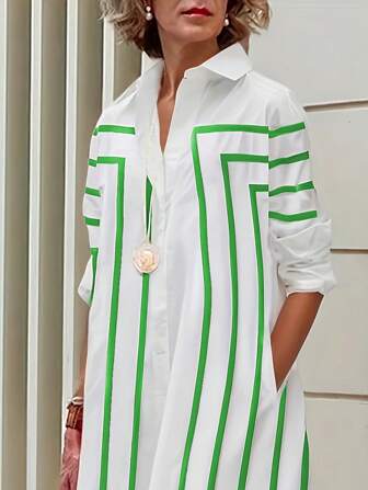 几何图案涤纶宽松纽扣条纹翻领中长衬衫裙，适合海滩、晚装、办公室、家居服，春夏季