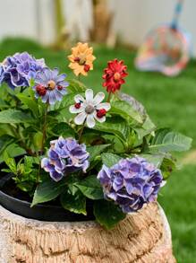 Cirelle 4pcs Hand-Painted Resin Garden Decor Set - Vibrant Chrysanthemum Flower Pots With Ladybug & Sunflower Designs, Perfect For Indoor/Outdoor Plants, Patio, Balcony, Porch, Front Door Decor, Gift For Garden Lovers (Weather-Resistant)