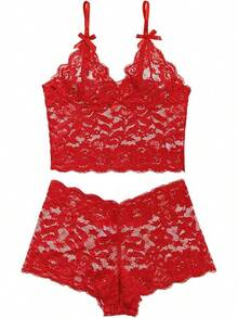 Floral Lace Lingerie Set High Waist Sleepwear Bra And Panty 2 Piece Nightwear 2025 Back-To-School Season Fall Pjs - 紅色領結 - 查看 4
