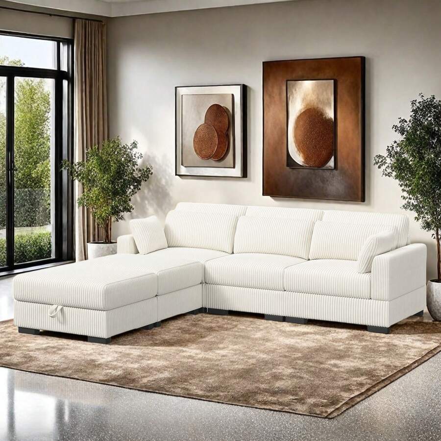 Convertible Corner Sofa, Freestanding L-Shaped Corner Sofa, Double Sofa, Single Sofa, Footrest With Storage Box, Upholstered Furniture, For Living Room, Bedroom, Outdoor, Corduroy, Beige - 米色 - 查看 1
