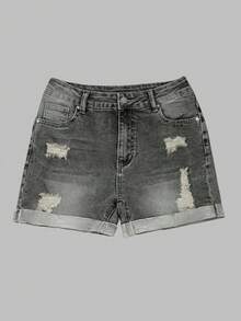 Women's Mid Waist Rolled Edge Ripped Jeans Denim Shorts, Beach Vacations Outfits For Women, Pride Outfits For Women, Fourth July Of Women, Club Outfits - Grey - View 5