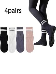 1 Pair/4 Pairs Black & White Striped Plain Color Yoga Socks For Women, Non-Slip Silicone Dot Breathable Fashion Casual Sports Pilates Yoga Mid-Calf Socks - Multicolor - View 1